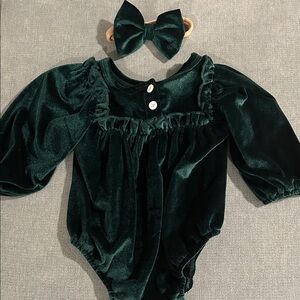 Velvet Green Baby Romper with Bow